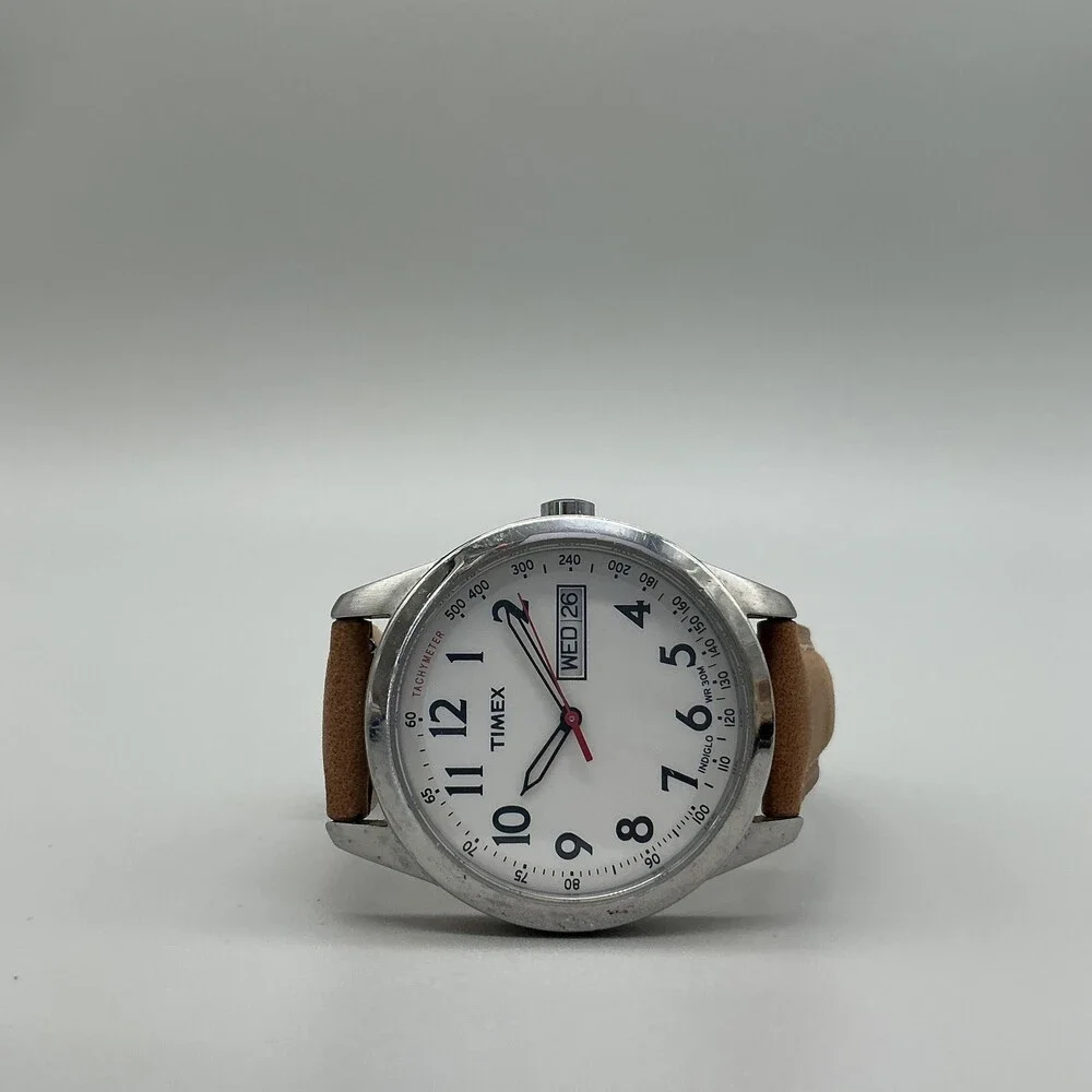 Timex Indiglo Mens Watch 36mm White Dial Brown Leather Day Date New Battery